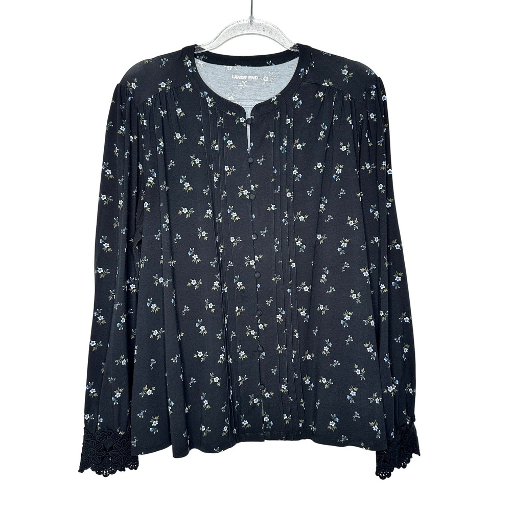 Lands End Button up Top XLP Black Floral Pintuck Crochet Lace Trim Long Sleeve